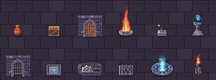 Dungeon Mechanisms の仕掛け 12 点が石の床の上で動いている様子